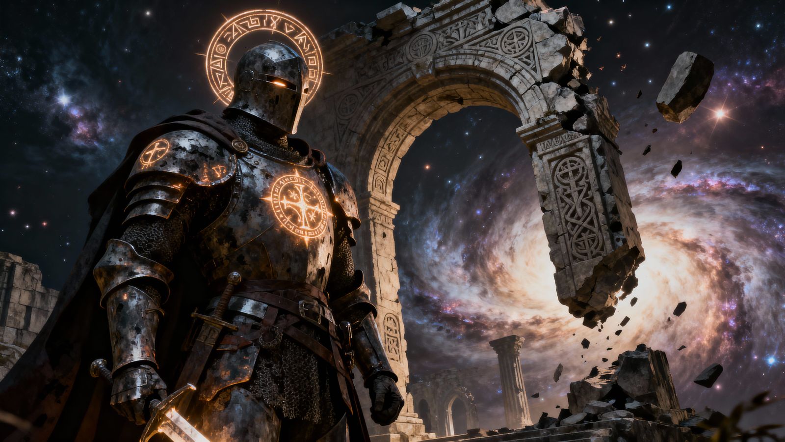 Knight Before Cosmic Archway in Dark Surreal Style