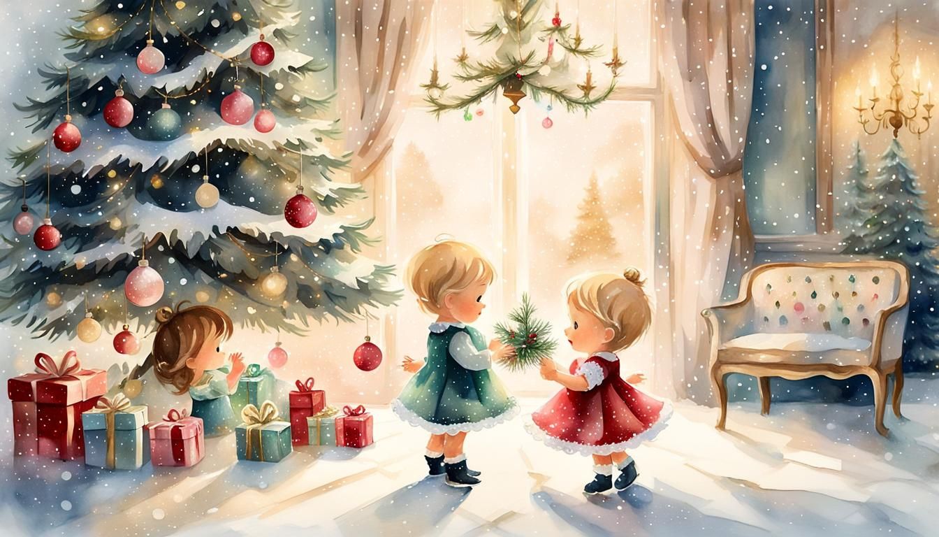 Watercolor Christmas Wonderland in Shabby Chic Style