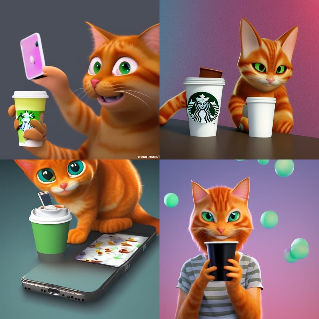 Ginger Cat Texting with Starbucks: Pixar Style