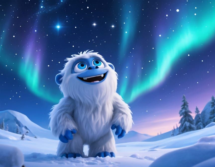 Cute Yeti Gazing at the Northern Lights