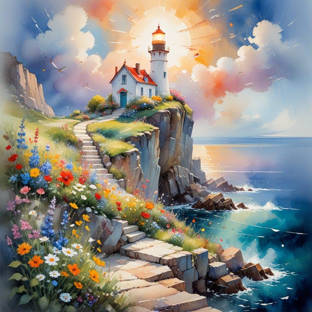 Fairy Tale Lighthouse with Wildflowers in Watercolor Style