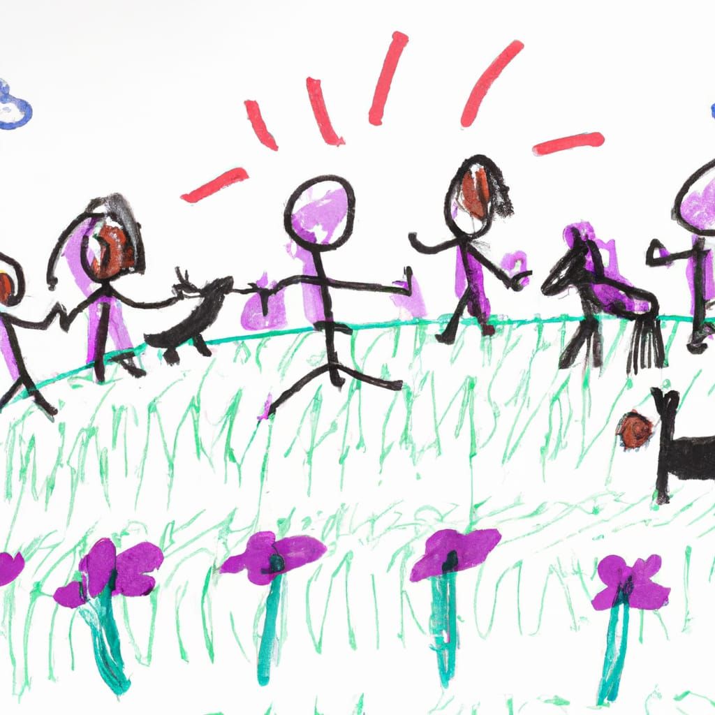 Naive Stick Figure Children Playing in Garden