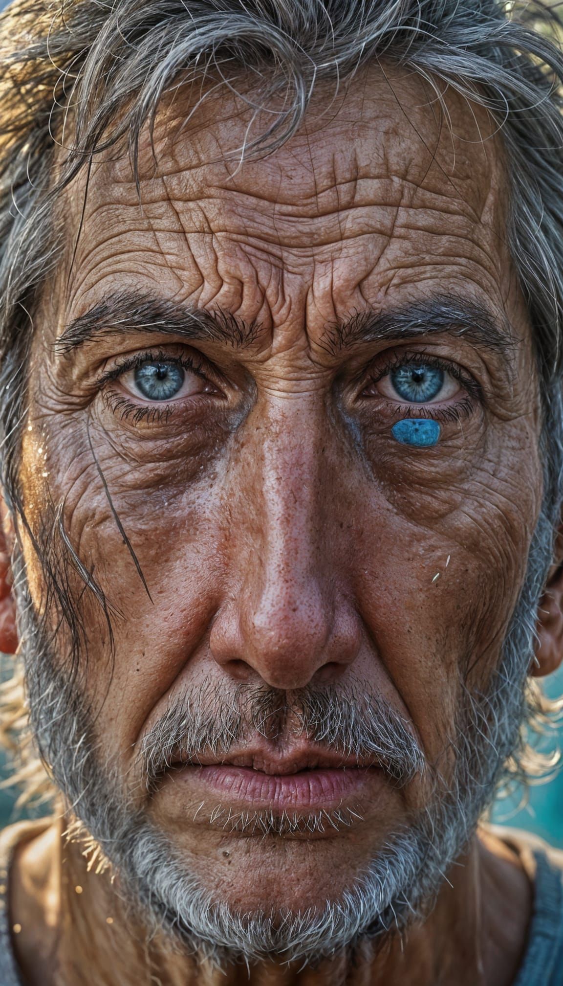 Resilient Man with Piercing Eyes in Hyperrealistic Style
