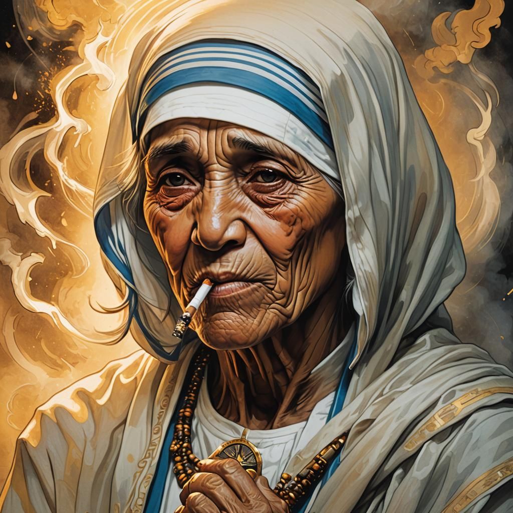 Mother Teresa Smoking: Comic Book Style Art