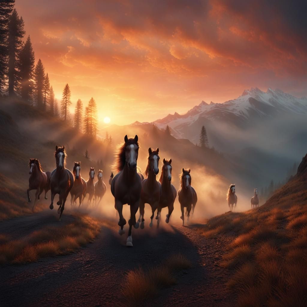 Horse Race on Misty Mountain at Sunset