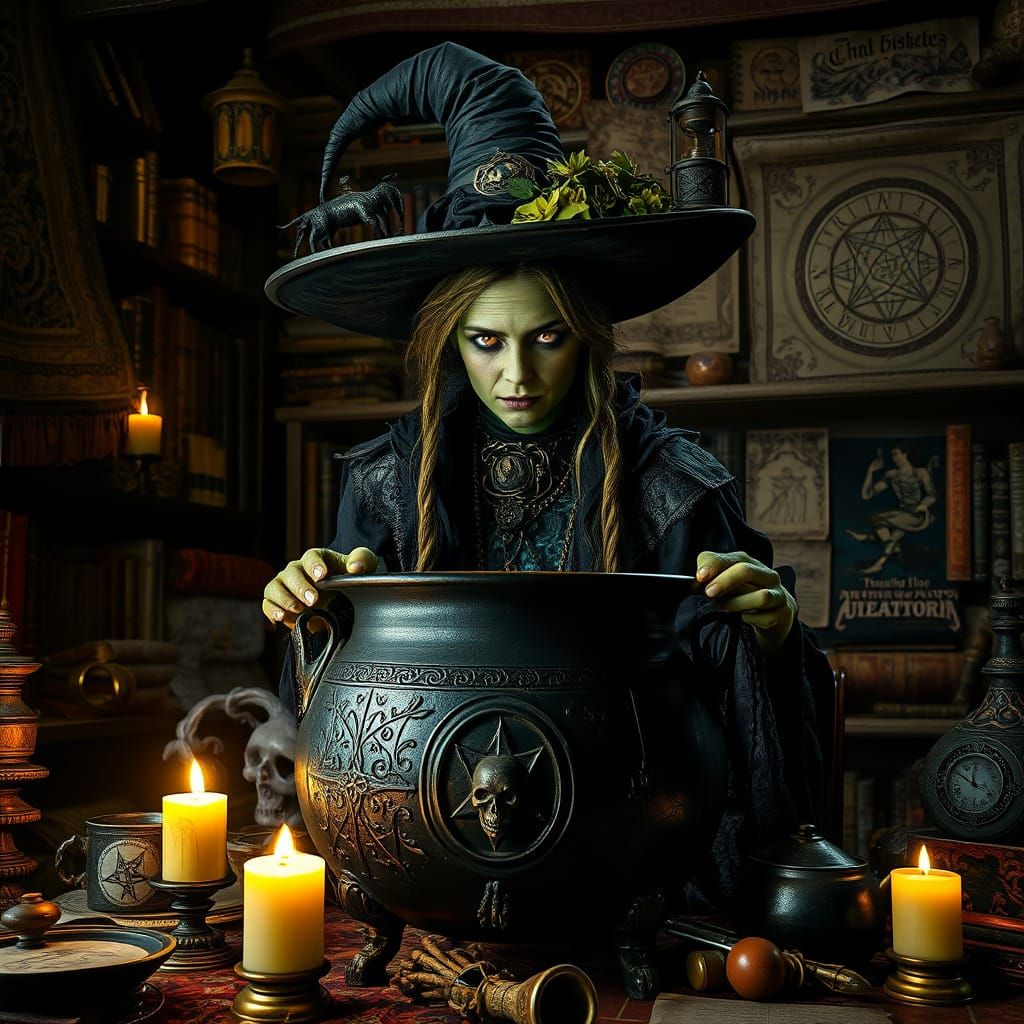 Eerie Green Witch in Alchemy Library