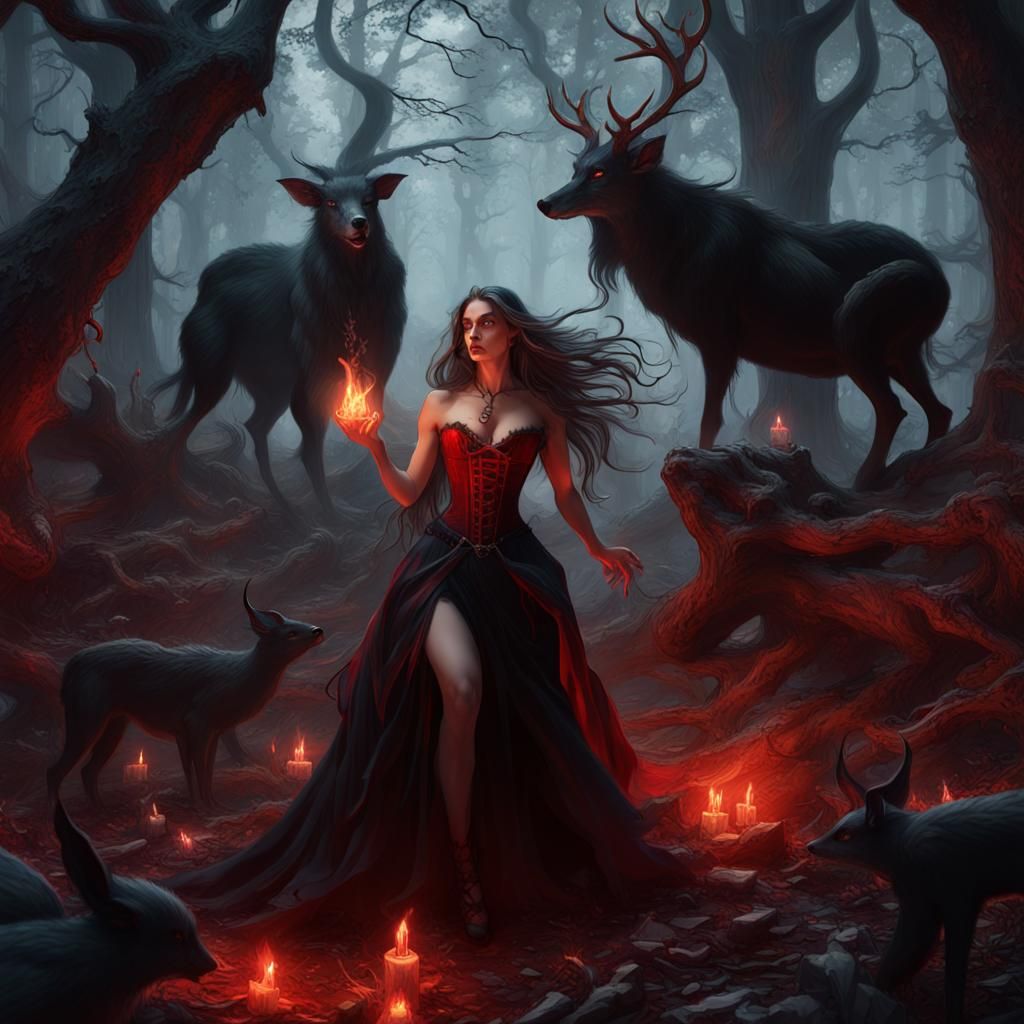 Witch Casting Spells in Decaying Forest, Dark Fantasy Art
