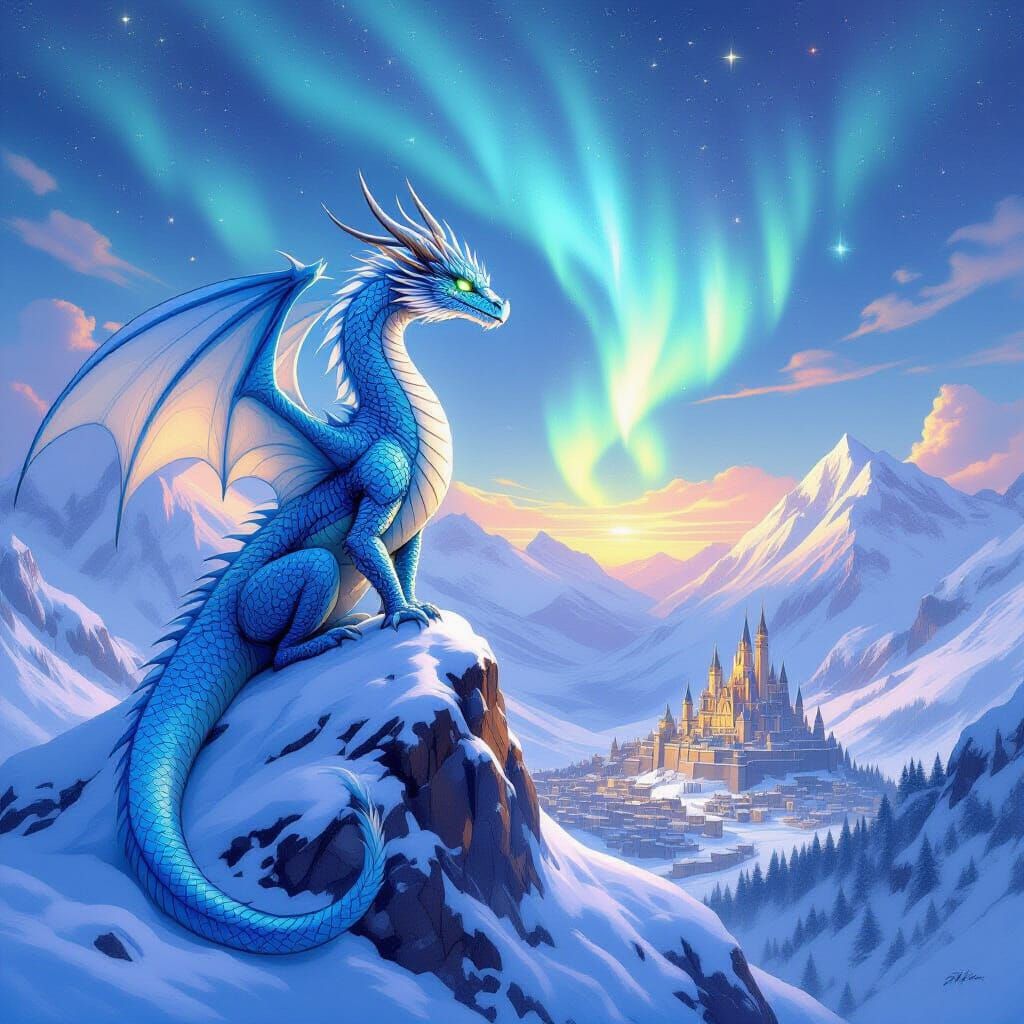 Majestic Crystal Dragon Perched Atop Mountain Peak