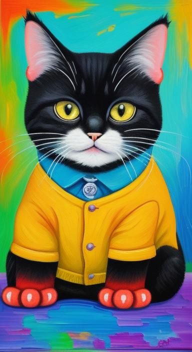 Cute Cartoon Cat with Baby, Impasto Oil Painting