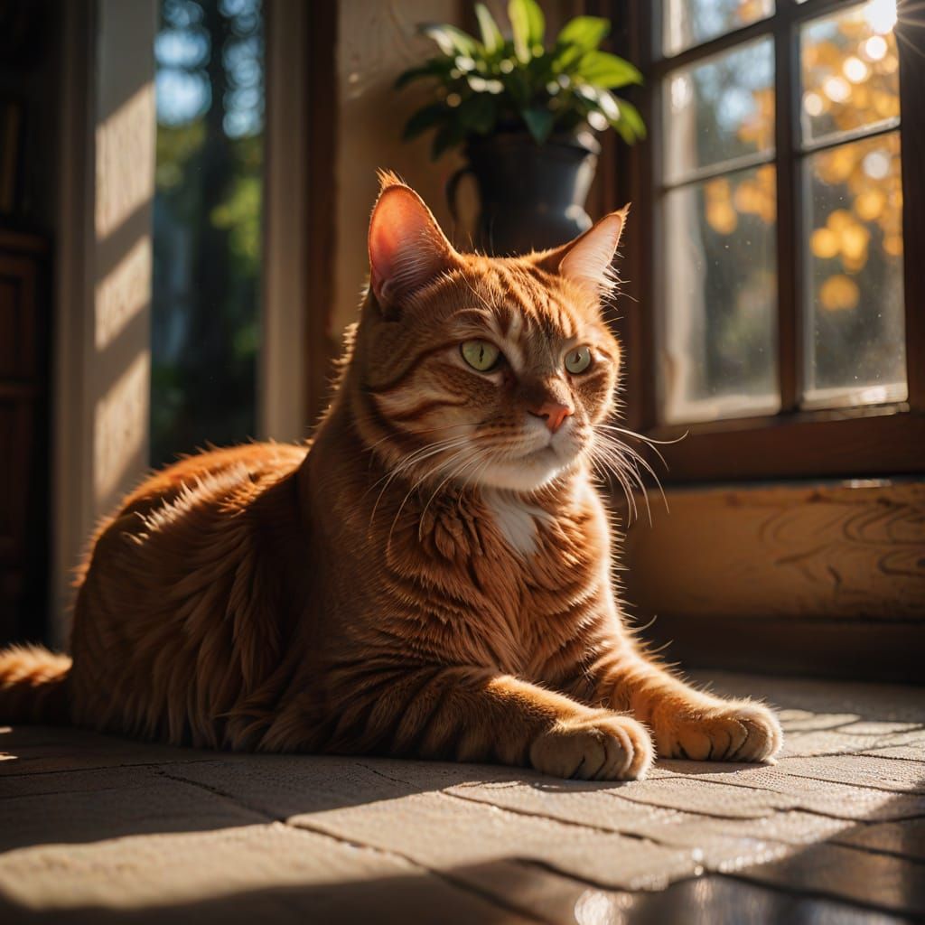 Realistic Ginger Cat Sunbathing in Cozy Witchy Home