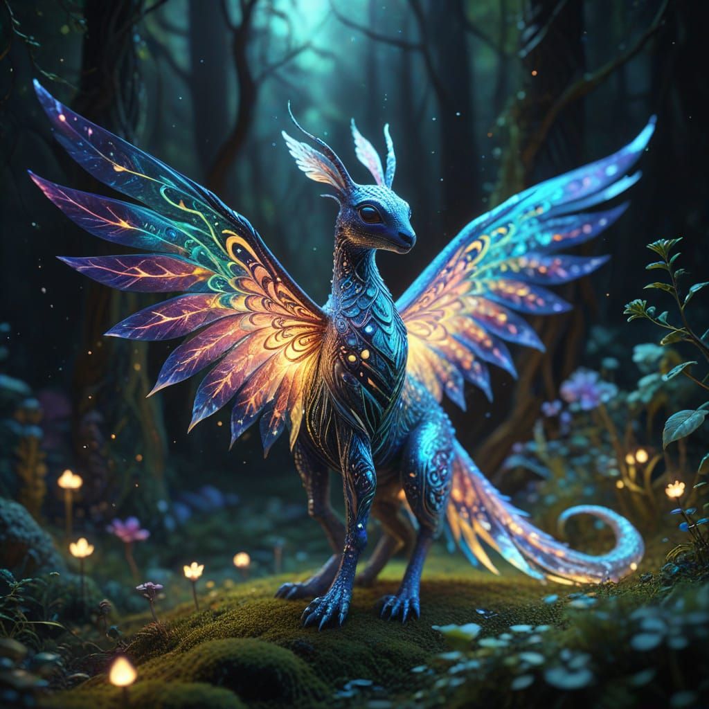Whimsical Folk Art Fantasy with Iridescent Wings and Neon Ac...