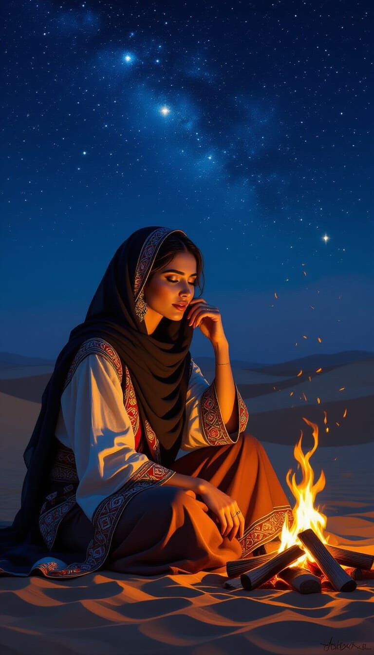 Bedouin Woman in Desert Under Starry Night Sky