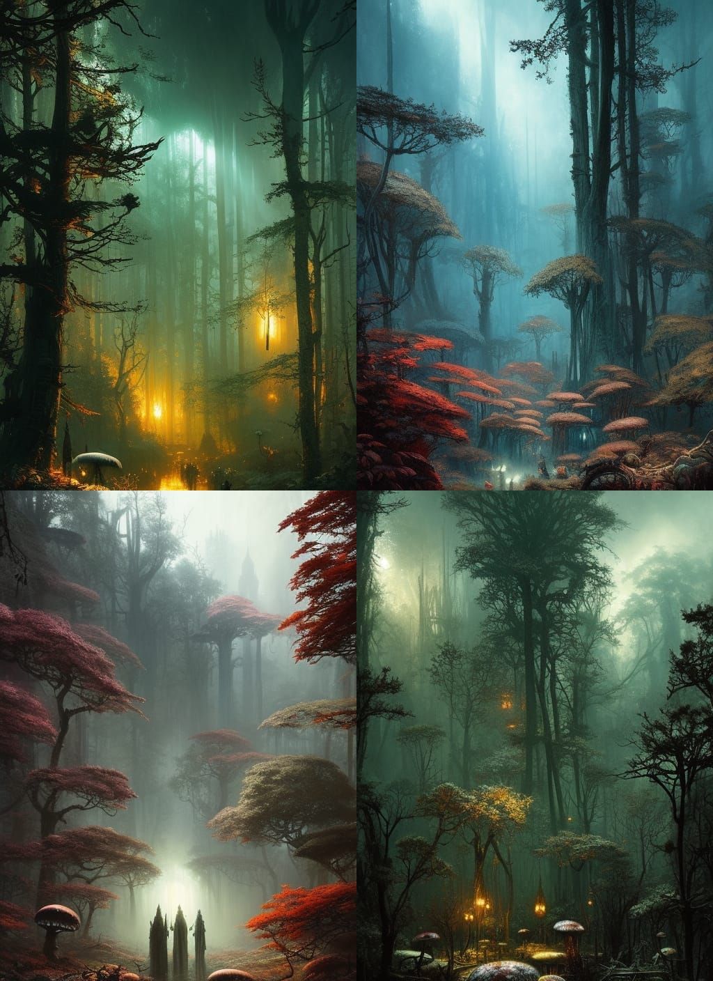 Dark Forest of Giant Mushrooms: Gritty Watercolor Art