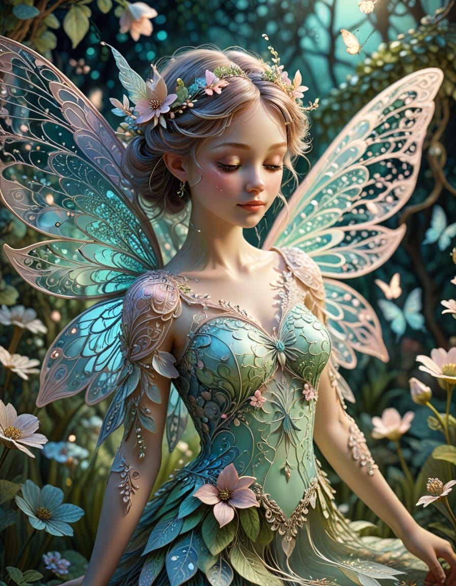 Whimsical Spring Fairy in Lush Garden with Moonlit Wings