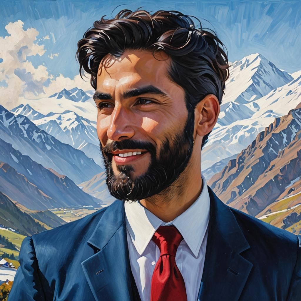 Smiling Man in Blue Suit, Neo-Impressionist Oil Painting