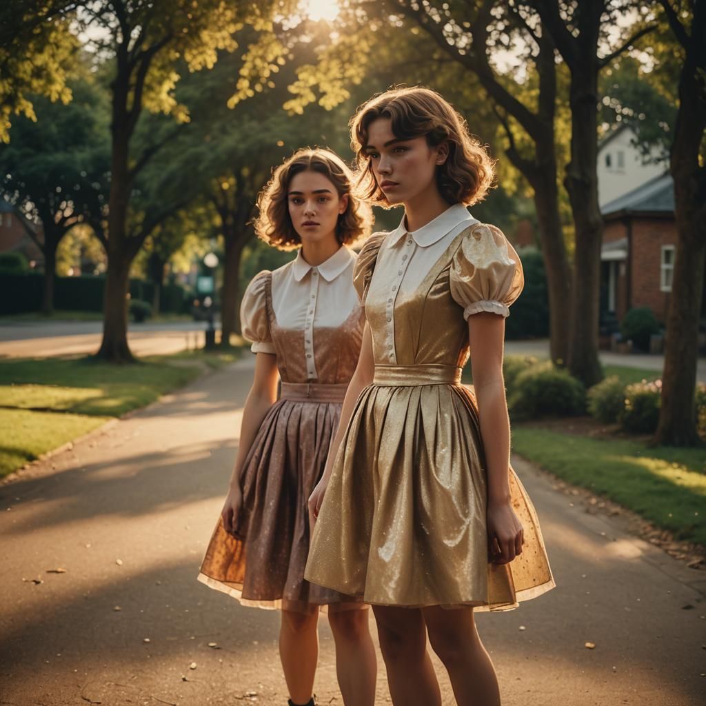 Boy in Dress with Girl in Golden Hour Light