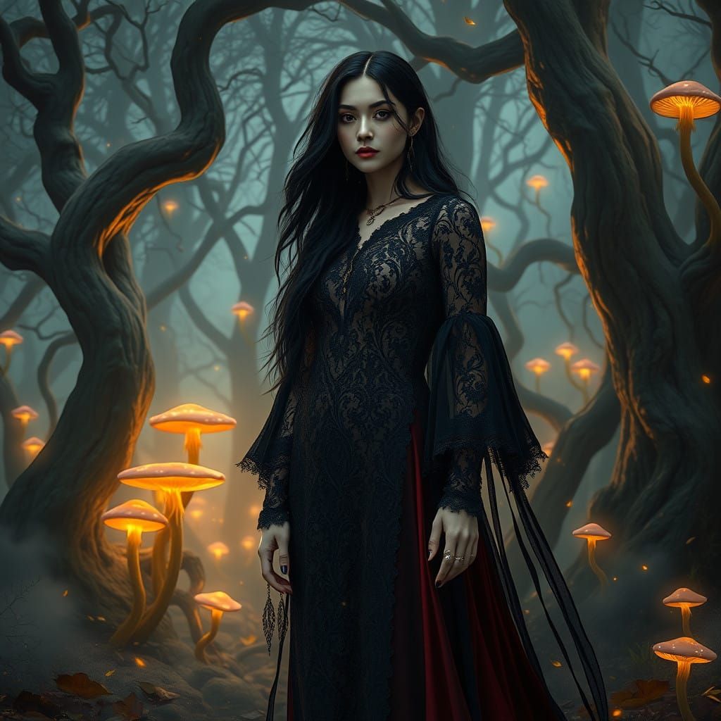 Gothic Romanian Enchantress in Whimsical Woodland Wonderland