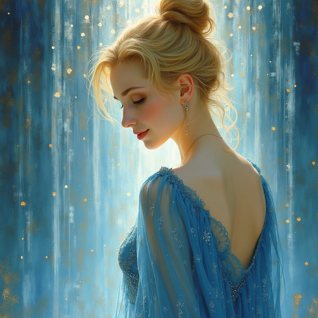 Elegant Woman at Waterfall in Art Nouveau Style