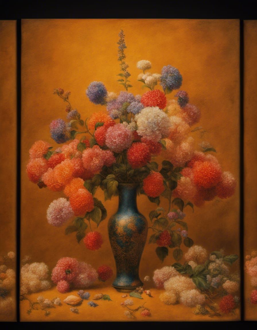 Floral Still Life with Japanese Woman in Pointillist Collage