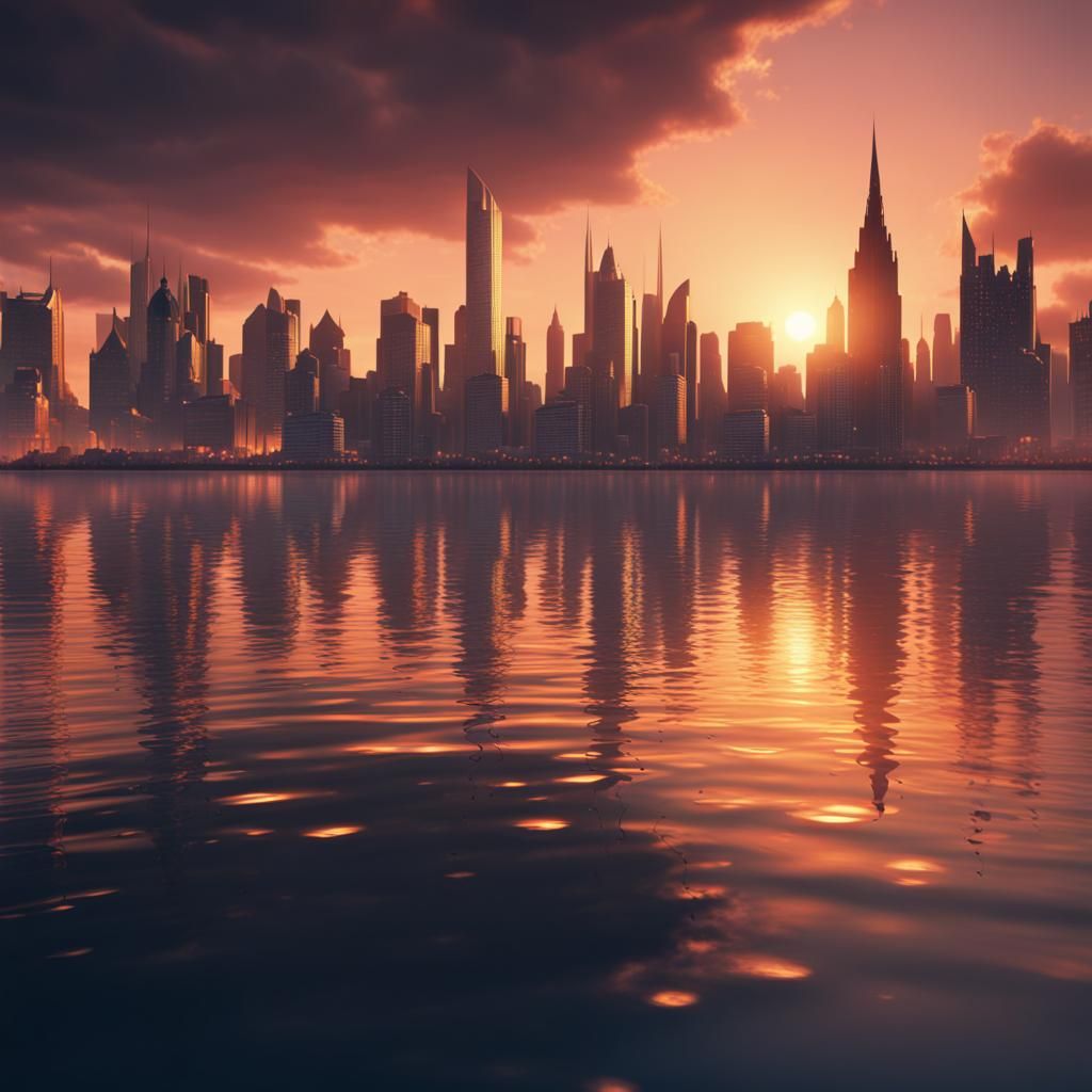 Cityscape Sunset: Detailed Matte Painting in Deep Color