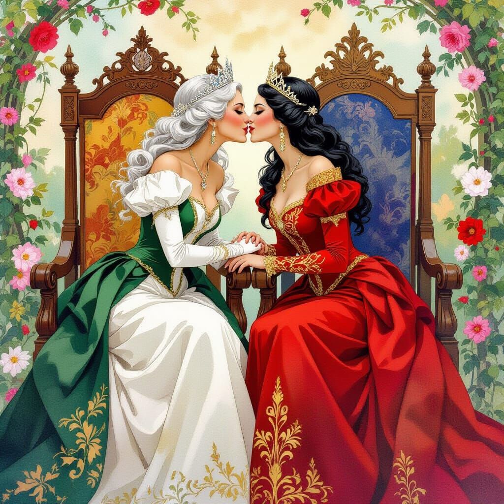 Two Queens Share a Kiss in Watercolor Style