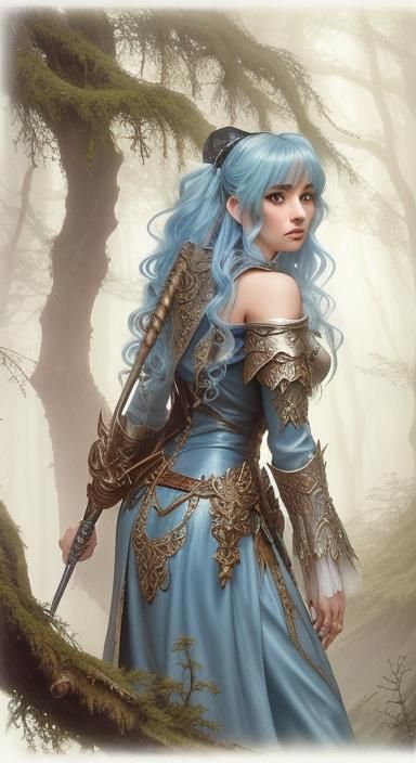 Ethereal Forest: Woman with Blue Hair, Fantasy Art
