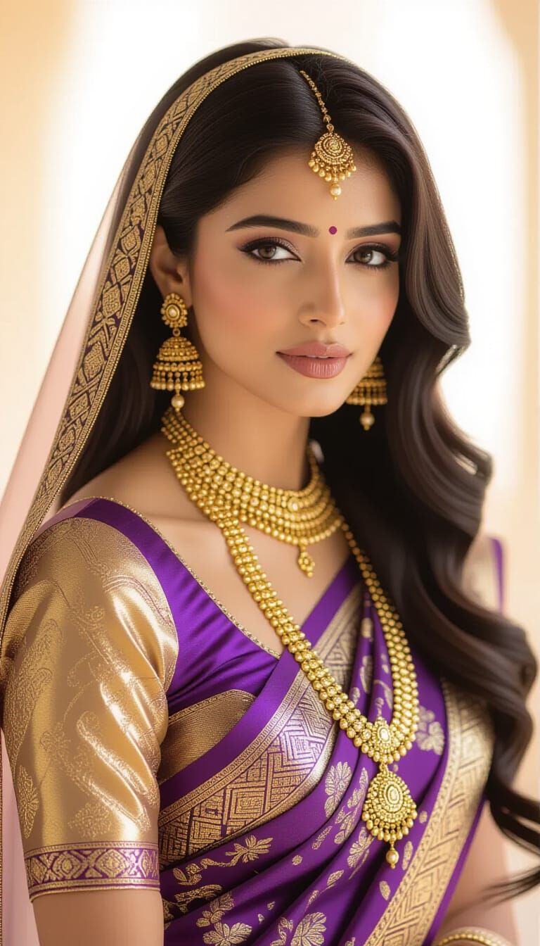 Woman in Gold and Violet Saree in Cinematic Style