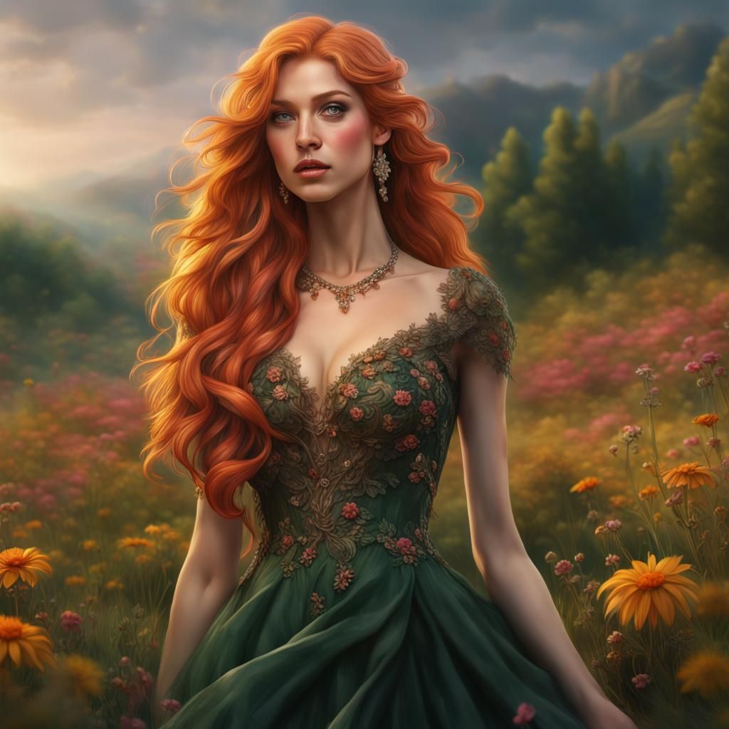 Beautiful Woman in Meadow, Detailed Matte Painting