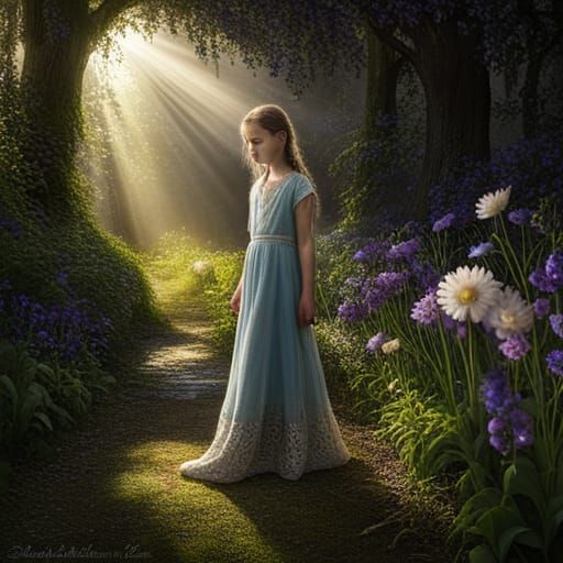 Sunlit Garden Between Dark Houses: Fantasy Art