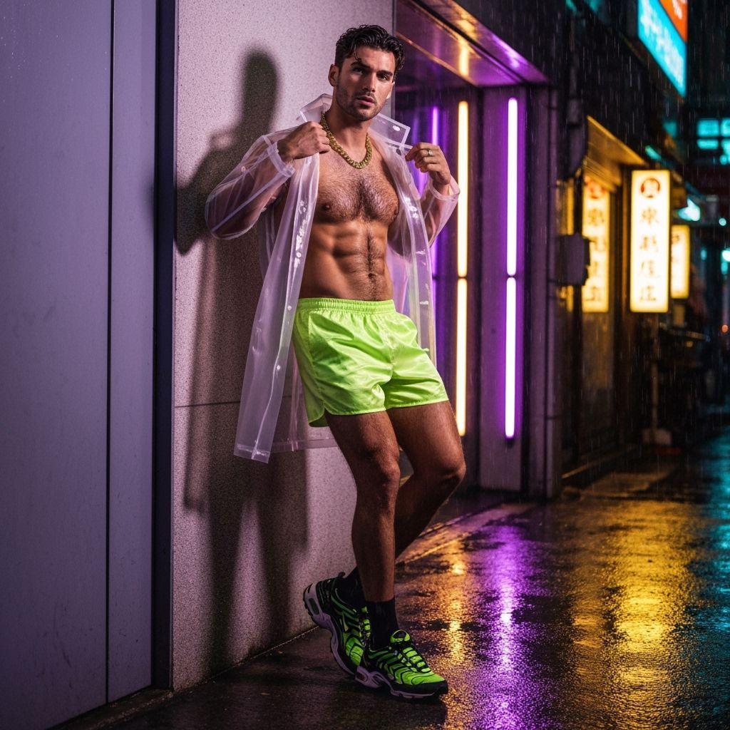 Man on Neon-Lit Asian Street at Night