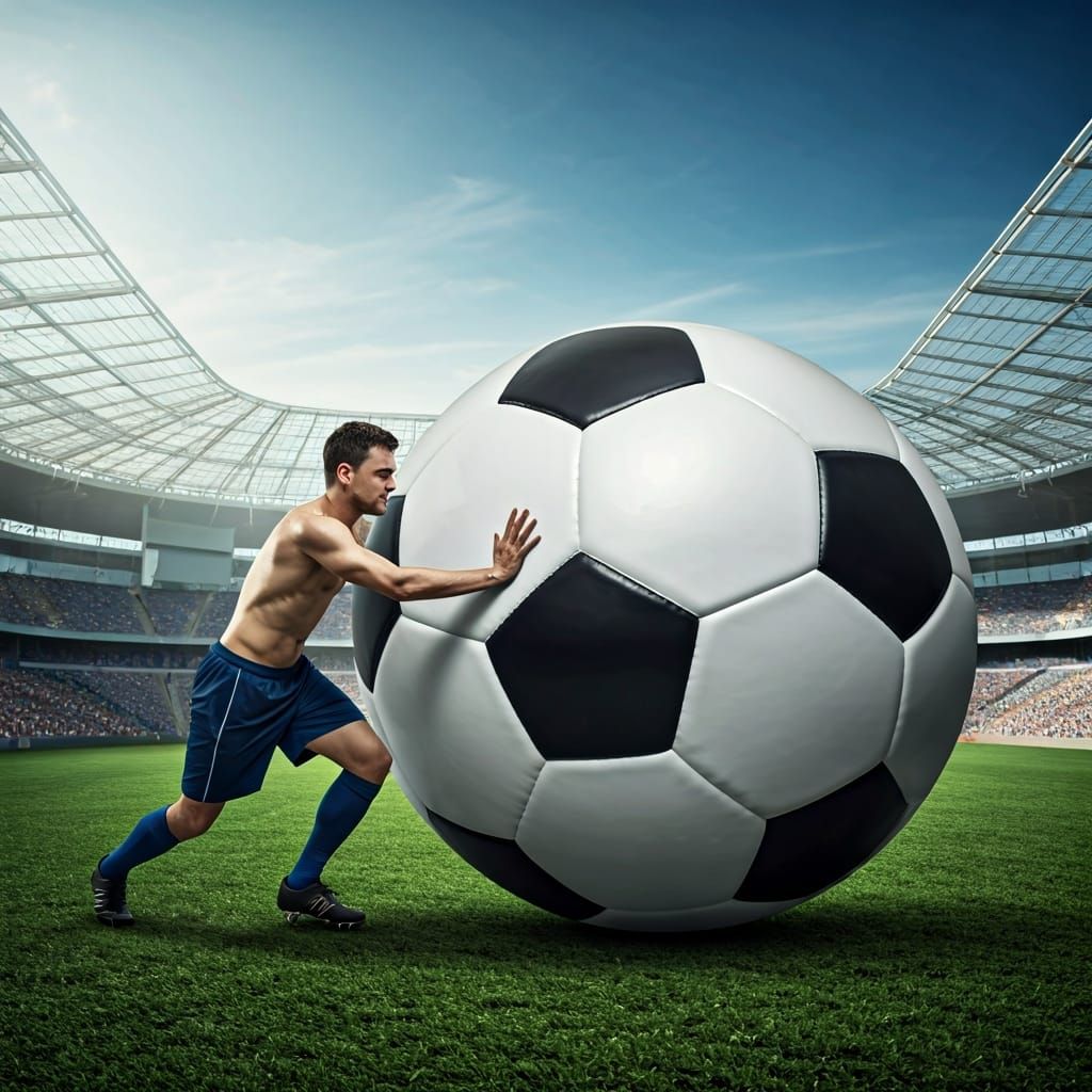 Soccer Player Pushing Giant Ball, James Jean Style