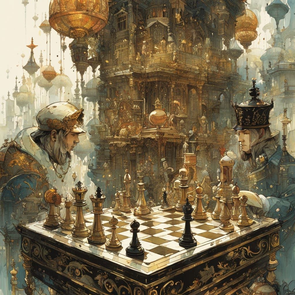 Intricate Watercolor Chess Game in Gold and Silver