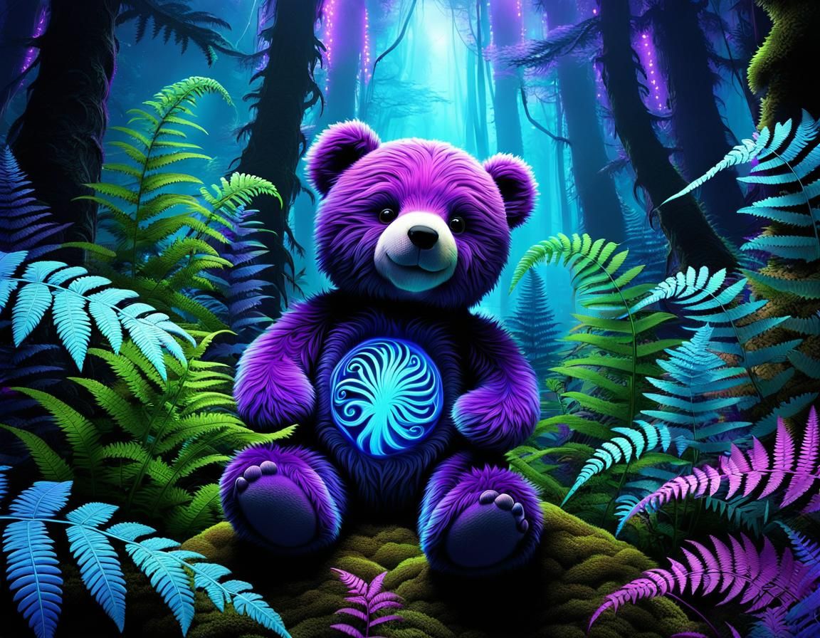 Teddy Bear Explores Bioluminescent Alien Forest