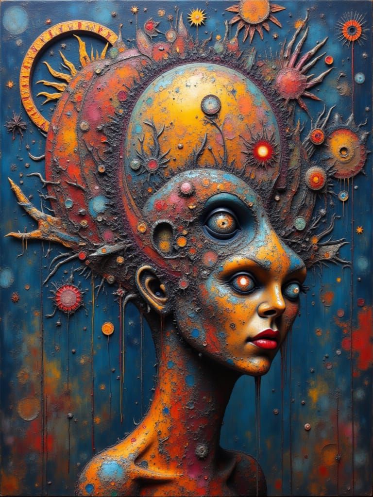 Surreal Creature in Lightbulb Balloon Caught in Rainbow Web