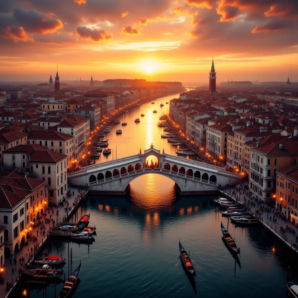 Venice Rialto Bridge at Sunset in Watercolor Style