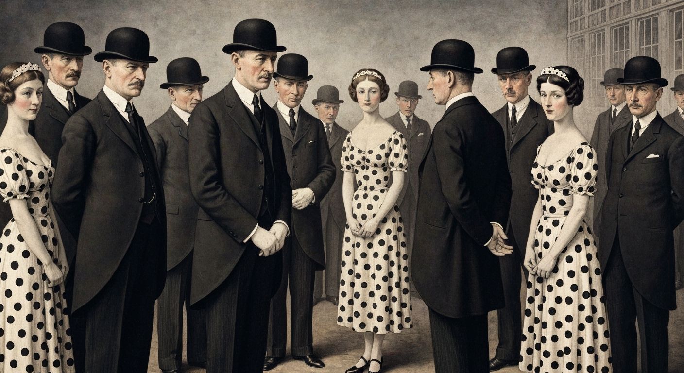 Surreal Scene: Men in Hats Watch Women in Polka Dots