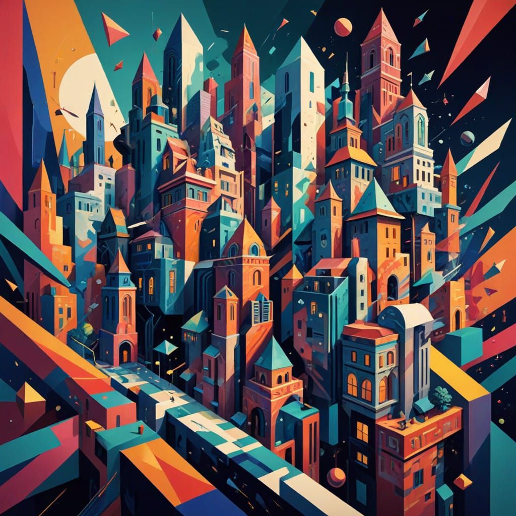 Vibrant Dreamlike Cityscape in Neo-Cubist Style