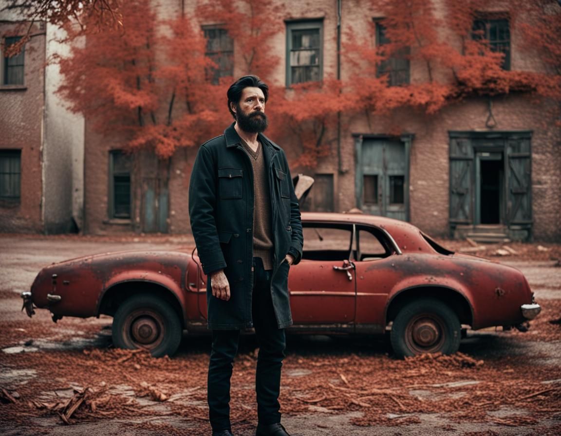 Man in Abandoned Town Square with Red Car