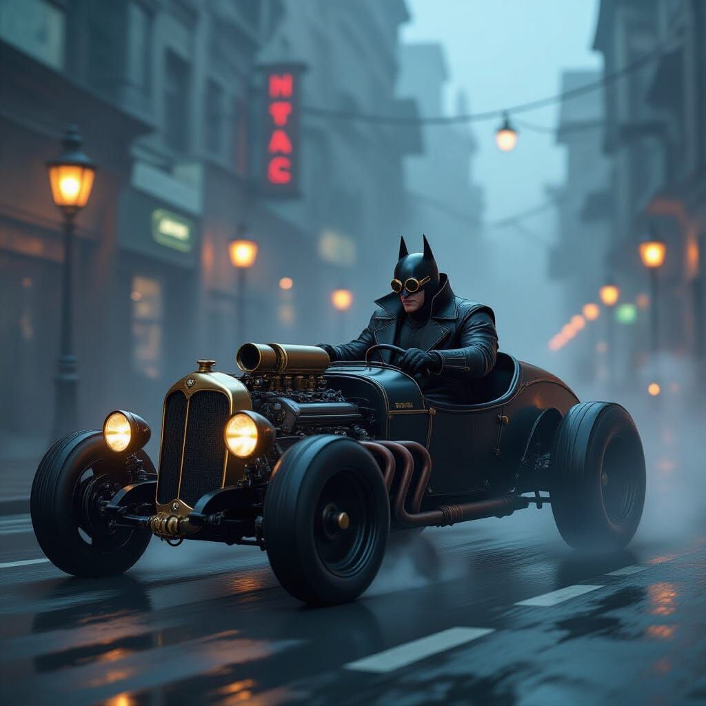 Steampunk Batman Drives Muscle Car Through Foggy Metropolis