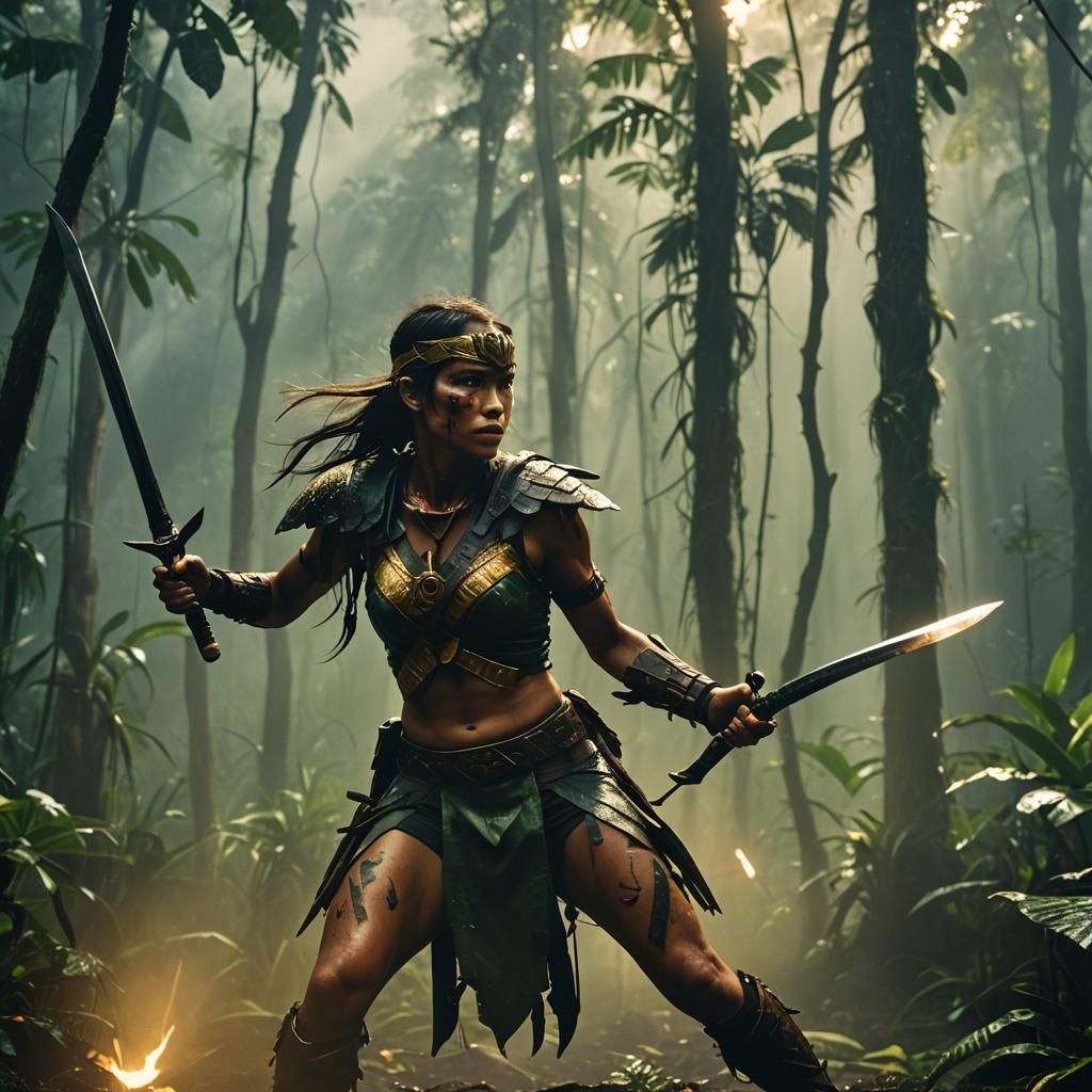 Amazonas Woman Warrior in Misty Rainforest Battle