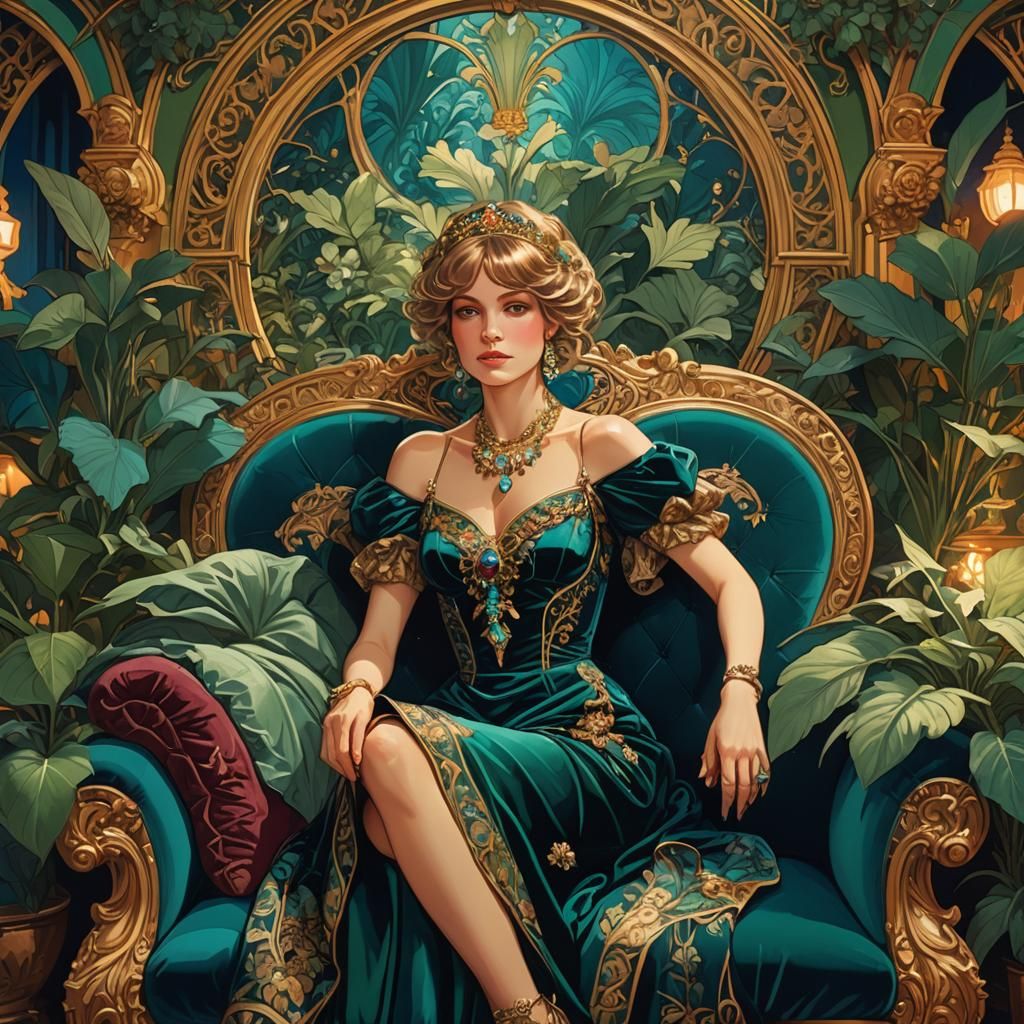 Lady Di in Ritz: Alphonse Mucha-Inspired Fantasy Art