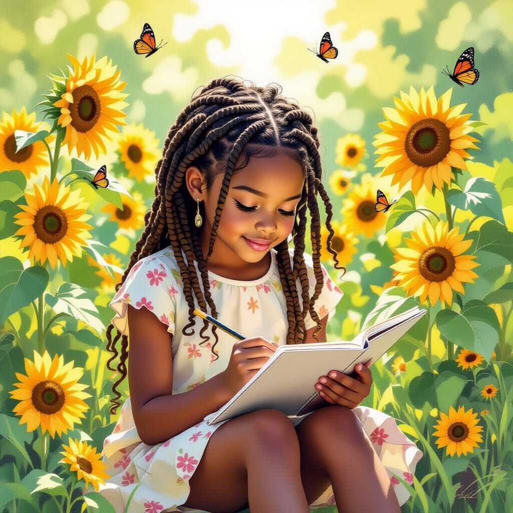 Girl in Sunflower Garden: Wet-on-Wet Watercolor Portrait