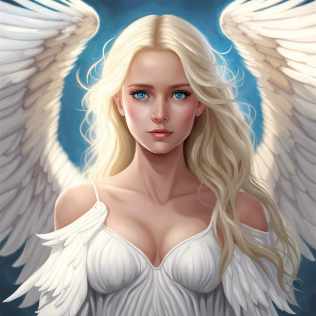 Blonde Angel with Blue Eyes and White Wings
