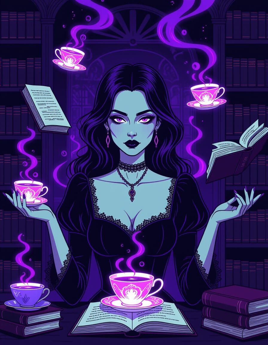 Gothic Lady in Magical Library with Neon Mist