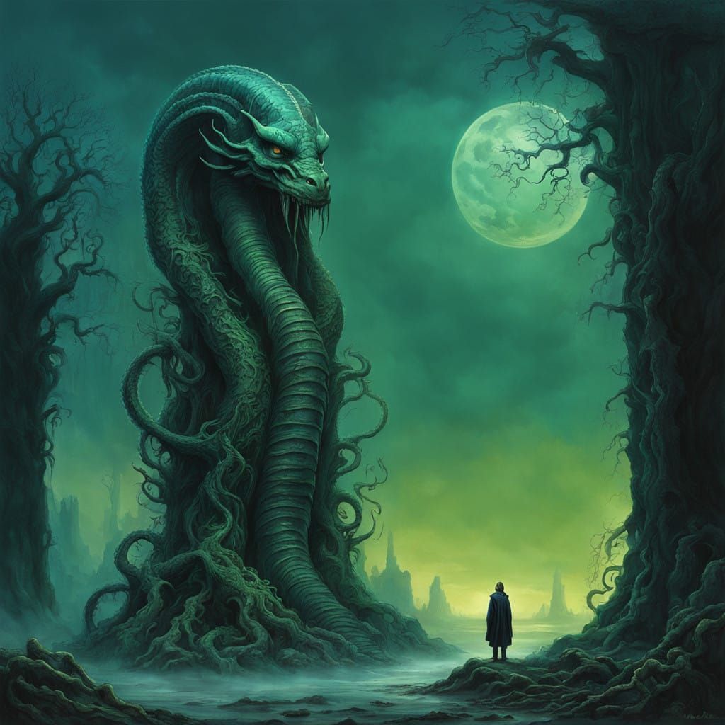 Serpent Humanoid Awakens Amidst Ancient Ruins in H.R. Giger-...