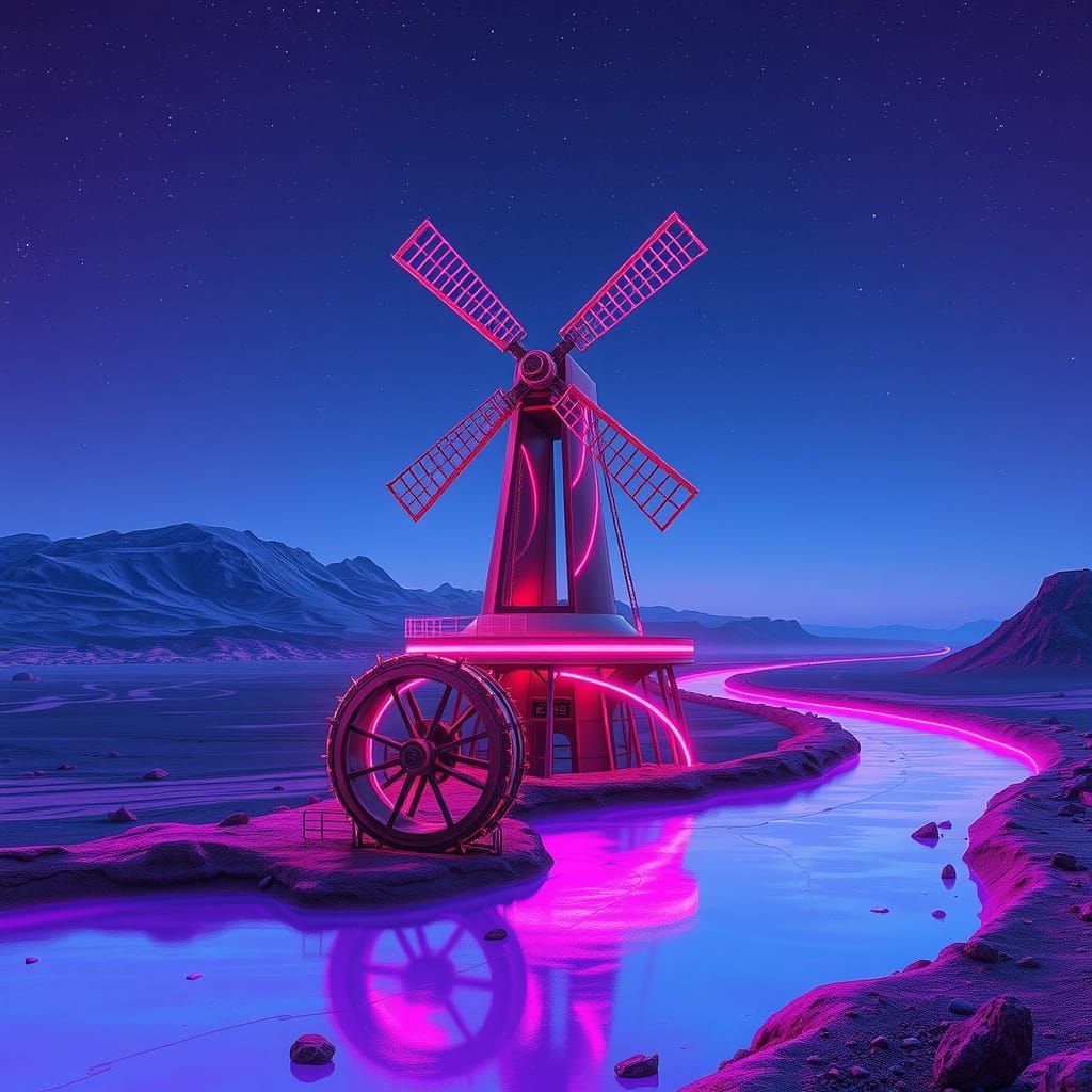 Cosmic Windmill Tower in Neon-Lit Lunar Landscape