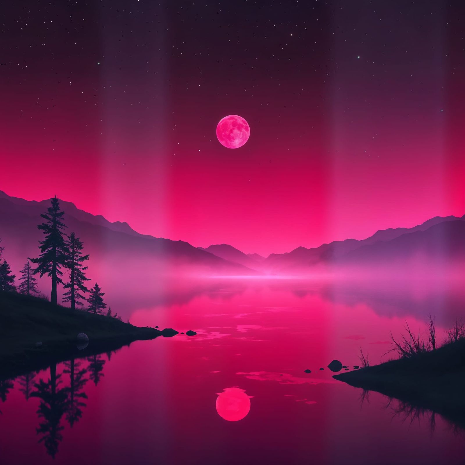 Synthwave Red Lake at Dusk with Starry Sky