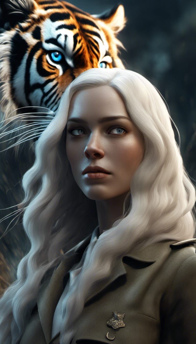 WWII Woman with Tiger and Long White Hair