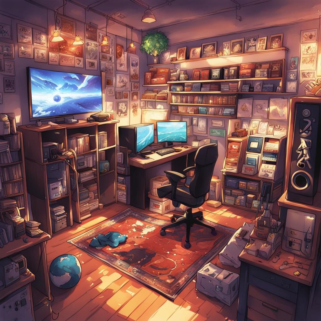 Anime-Style Gaming Room Illustration