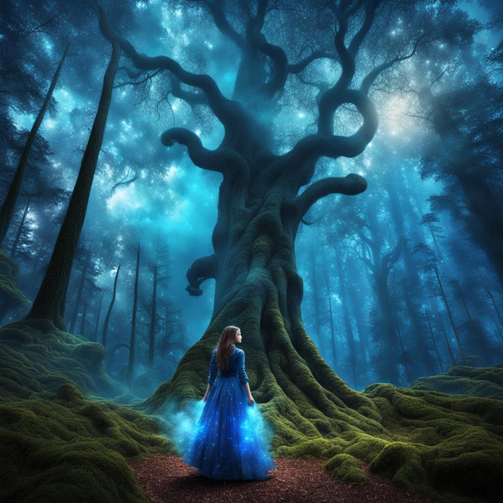 Hyperrealistic Girl in Forest with Blue Aura